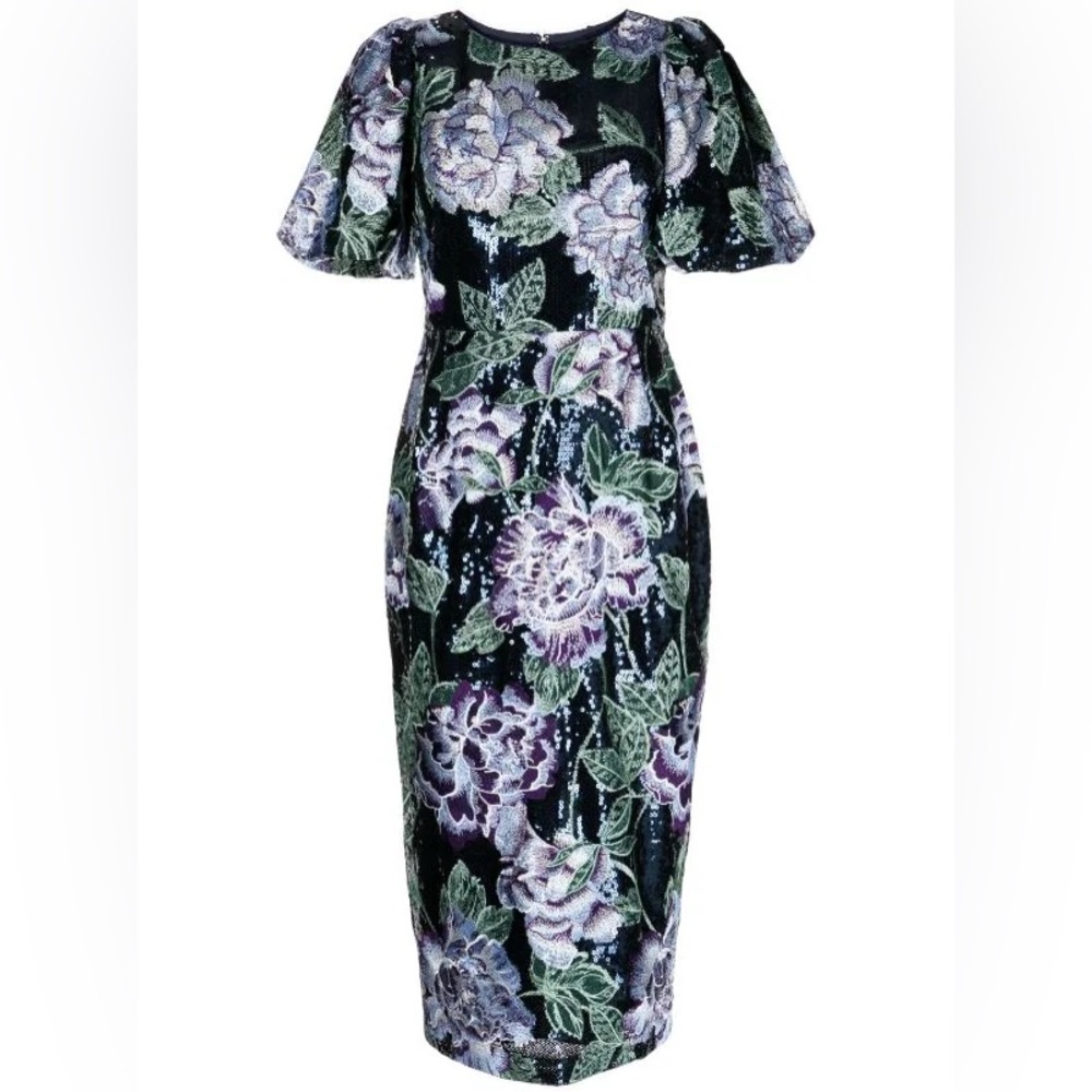 MARCHESA NOTTE NAVY FLORAL EMBROIDERED BUBBLE SEQUIN MIDI DRESS - Picture 4 of 8